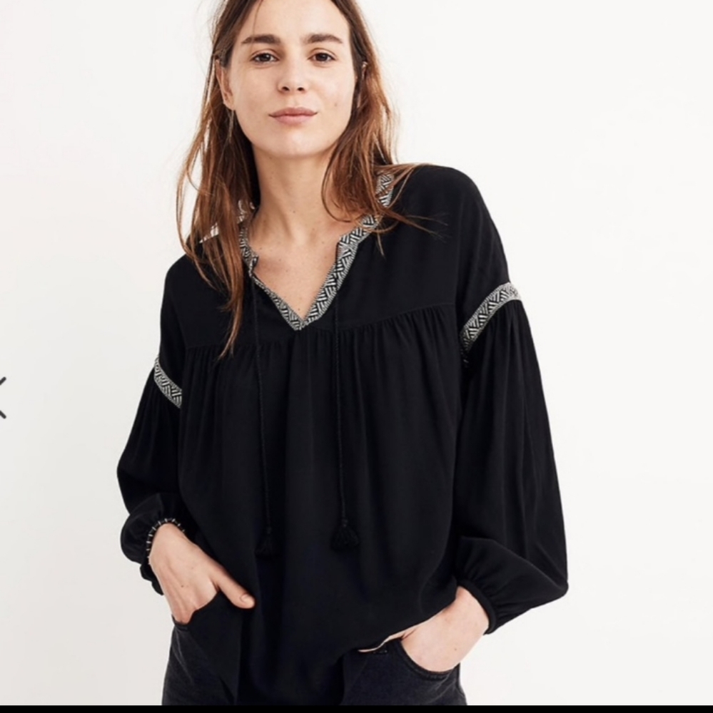 Madewell V-neck Embroidered Trim Longsleeve Boho Peasant Top